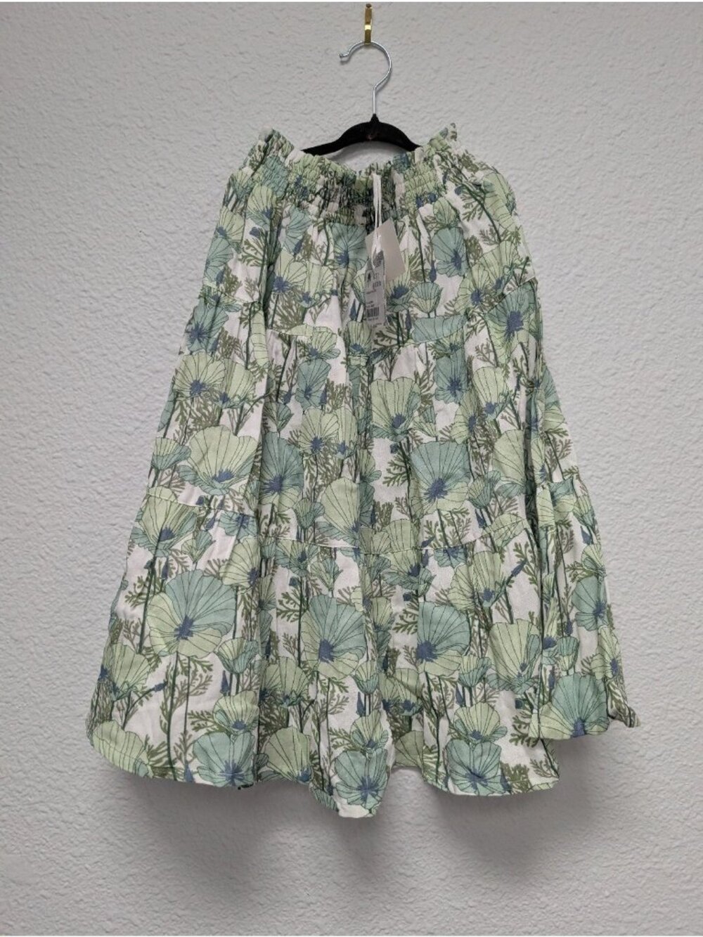 Kate Quinn Organic Cotton Gauze Smocked Tiered Skirt Aqua Poppies 6Y Floral